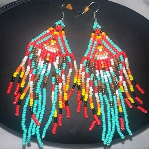 Turquoise and Red Beaded Fringe Earrings